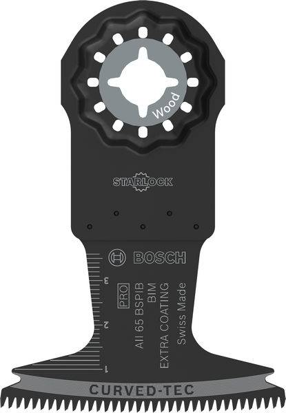 Bosch Starlock Sägeblatt für Holz mit Maßangaben. Dunkles Metall, geschwungene Schneide mit zahnartiger Kante und 'Wood' Markierung.