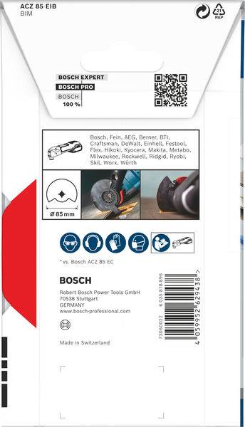 Rückseite einer Bosch-Verpackung für ein Sägeblatt. Zeigt Markenkompatibilität, Anwendungshinweise und enthält QR-Code. Made in Switzerland.