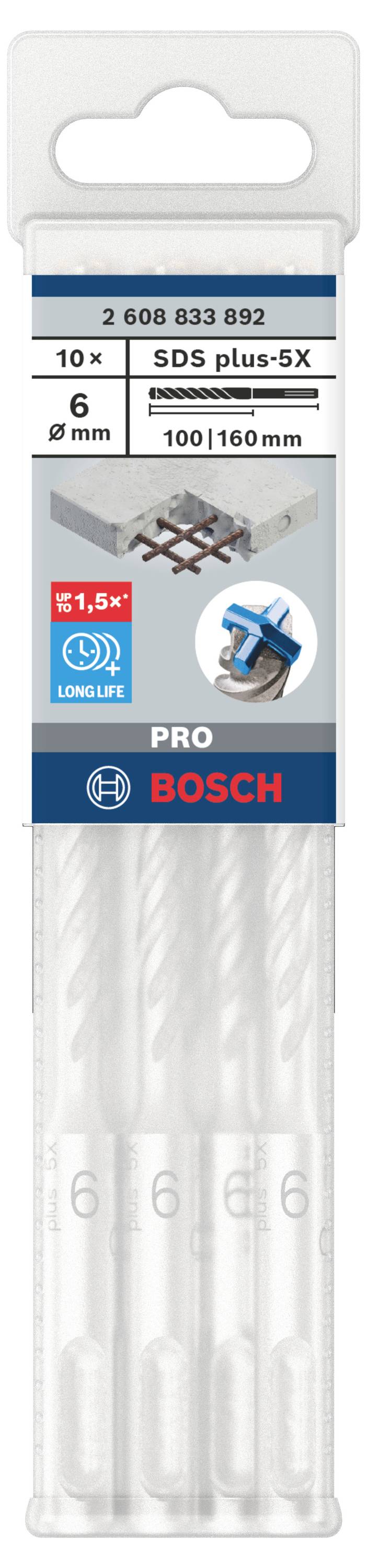 Verpackung von 'BOSCH SDS plus-5X' Bohrern, 10 Stück, 6 mm Durchmesser, 100/160 mm Länge, beworben mit langer Lebensdauer.