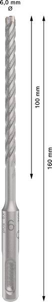 Bohrer mit 6 mm Durchmesser und 160 mm Länge. Spiralförmig mit grauer Farbe und markierten Dimensionen.
