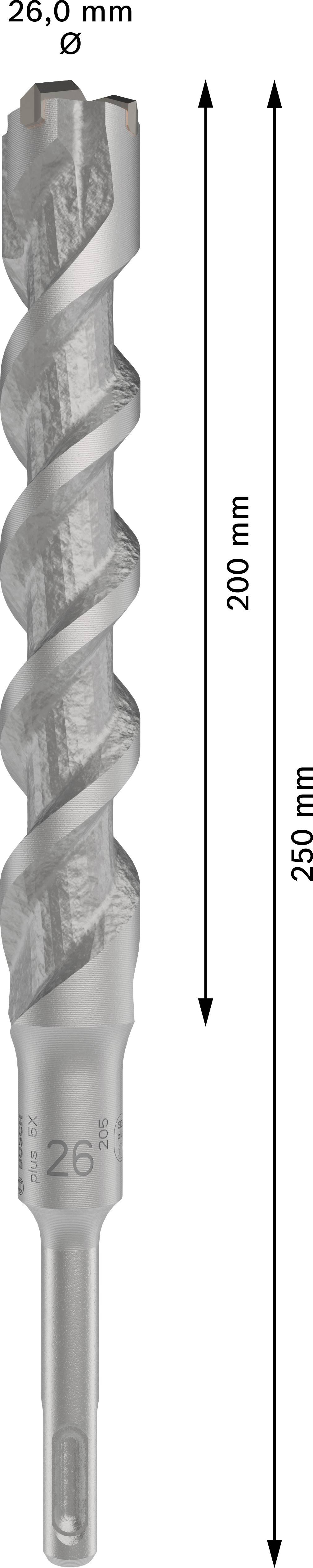 'Bohrer mit 26 mm Durchmesser und 200 mm Nutztiefe, Gesamtlänge 265 mm. Spiralform für effektives Bohren.'
