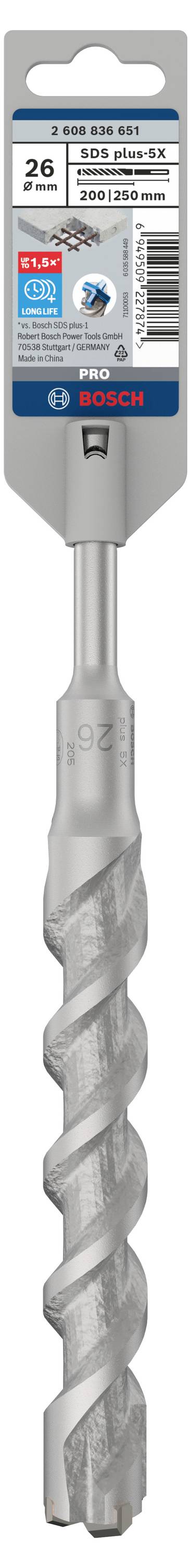 Bohrer mit SDS-plus-Aufnahme, geeignet für Beton, Durchmesser 26 mm, Marke auf der Verpackung erkennbar.