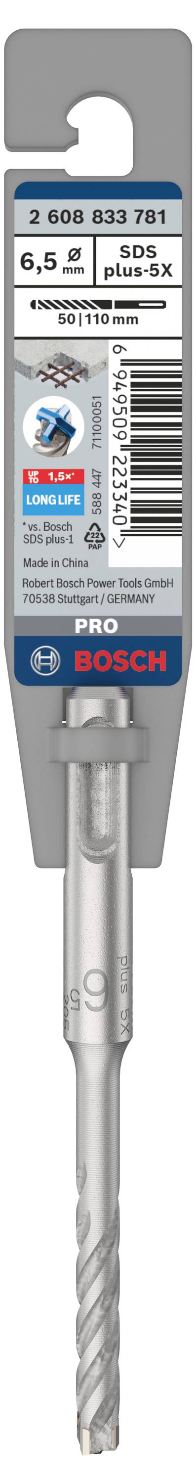 Bohrer von Bosch 'PRO' Serie, SDS plus 6,5 x 100 x 160 mm, für Beton. Verpackung mit Barcodes und Logo.