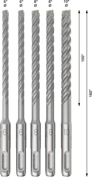 Fünf Bohrer in verschiedenen Durchmessern von 6 bis 10 mm, alle 160 mm lang. Ideal für Beton- und Steinbearbeitung.