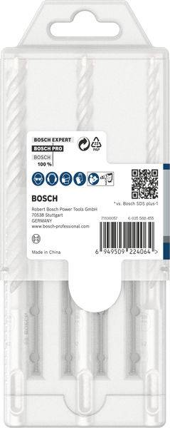 'Set mit drei Bosch-Bohrern im Kunststoffgehäuse. Geeignet für Beton und Mauerwerk. Made in China. Firmenadresse: Robert Bosch Power Tools GmbH, Stuttgart, Deutschland.'