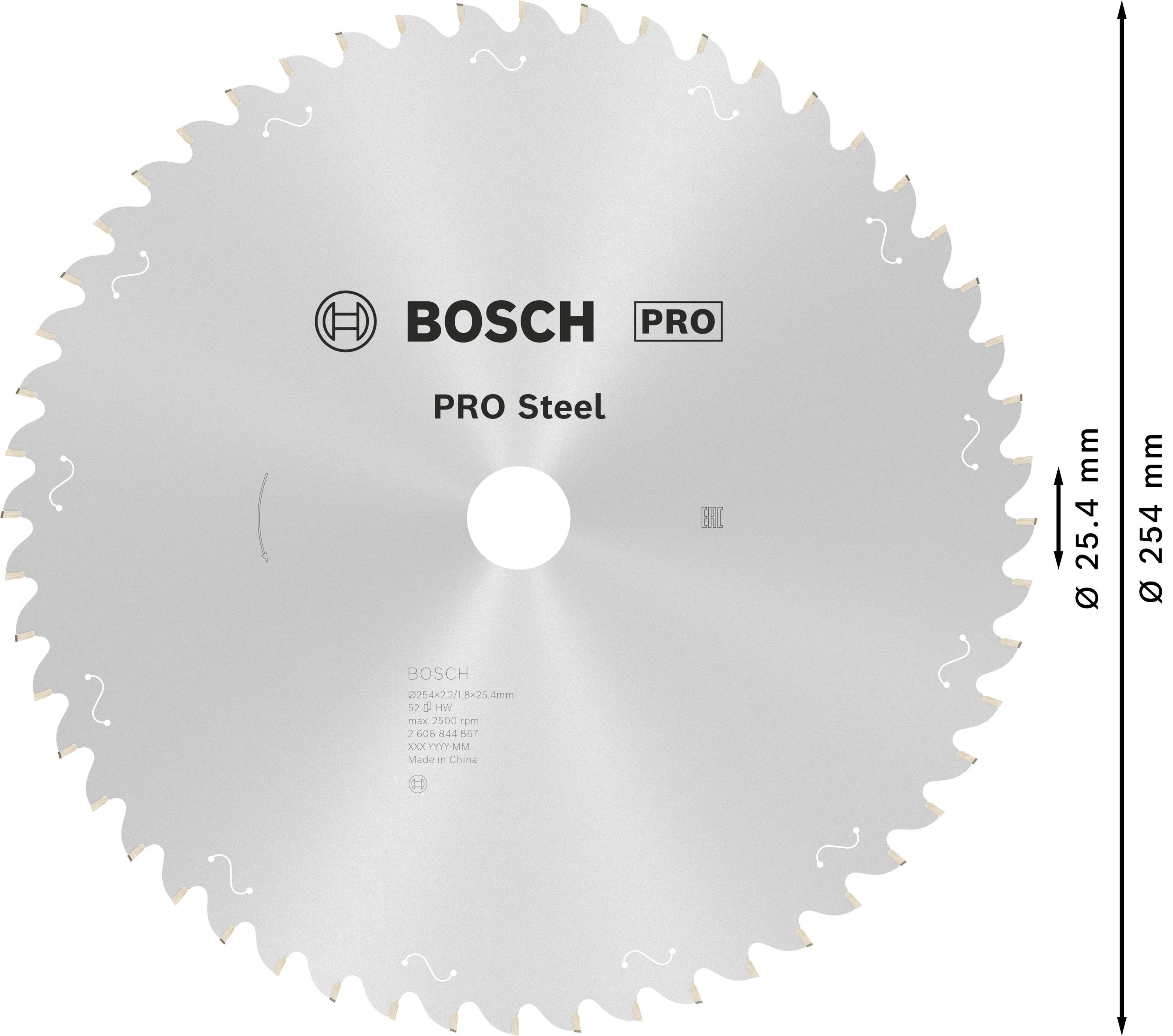 Bosch PRO Steel Sägeblatt, Durchmesser 254 mm, Lochdurchmesser 25,4 mm, geeignet für Metallbearbeitung.