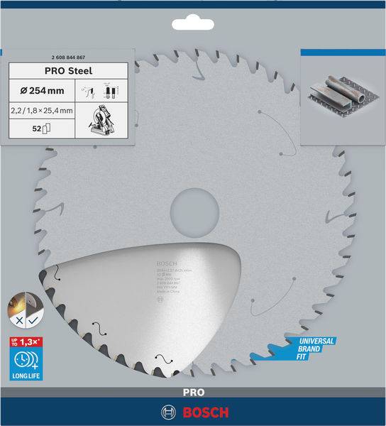 Kreissägeblatt 'PRO Steel', Bosch, 254mm Durchmesser, für Metallbearbeitung, mit 52 Zähnen. Verpackung zeigt Anwendungshinweise.