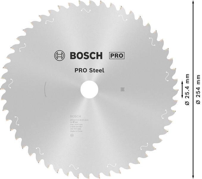 Kreissägeblatt mit 48 Zähnen, Logo und Text 'BOSCH PRO Steel', Durchmesser 254 mm. Geeignet für Metallbearbeitung.