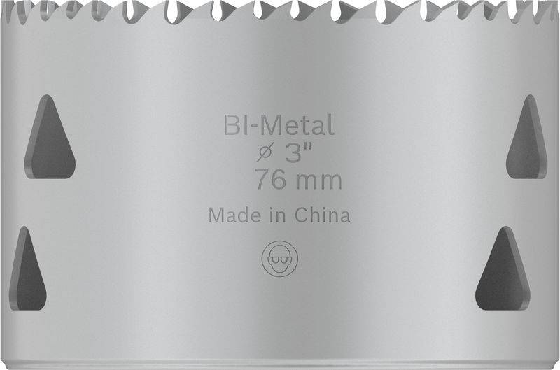 Sägeaufsatz mit der Aufschrift 'BI-Metal Ø 3" 76 mm Made in China', graue Farbe, gezackter Rand für Bohr- und Schneidearbeiten.
