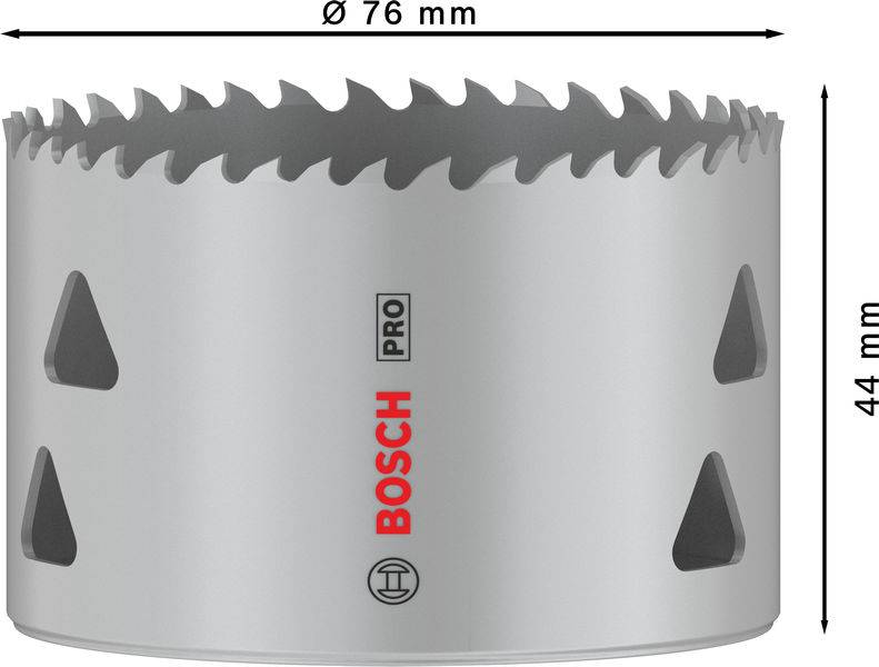 Silberne Lochsäge mit der Aufschrift 'BOSCH PRO', Durchmesser 76 mm, Höhe 44 mm, gezahnte Schnittkante für präzises Bohren.