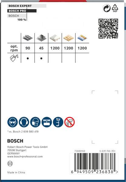 'Bosch Expert 100%. Optionen: 90, 45, 1200, 1200 U/min. Made in China. Robert Bosch Power Tools GmbH, Stuttgart, Deutschland.'