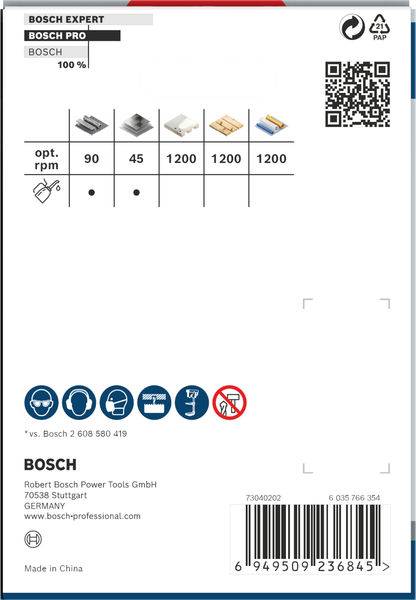 Rückseite einer Bosch-Verpackung mit Informationen zu optimalen Drehzahlen verschiedener Werkzeuge und einem QR-Code oben rechts.