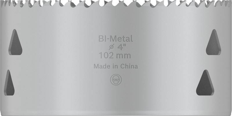 Metall-Lochsäge mit der Aufschrift 'BI-Metal Ø 4" 102 mm Made in China'. Silberne Farbe mit gezacktem Rand.