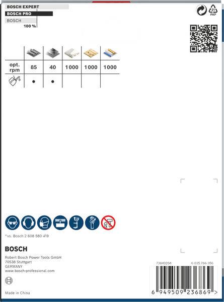 'Bosch Expert'-Verpackung für Sägeband mit Symbolen und technischen Spezifikationen wie Optionen und Umdrehungen pro Minute.