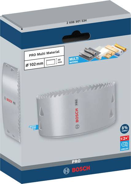 Eine Verpackung mit einer Bosch Lochsäge für 'Multi Material', Größe 102 mm. Gezeigt wird die Säge und Beispielmaterialien.