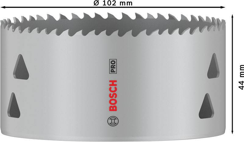 Metallsägekrone Ø 102 mm, Höhe 44 mm, graue Farbe, mehrere Zähne am oberen Rand, geeignet für professionelle Anwendungen.