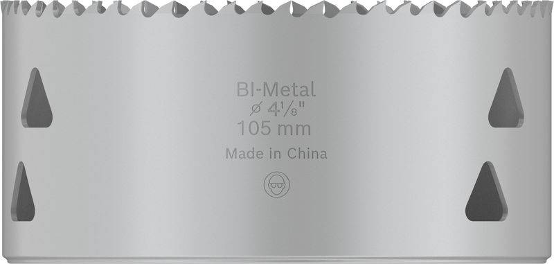 Silberne Lochsäge mit einer Größe von 105 mm, aus Bimetall hergestellt. Text 'BI-Metal, 105 mm, Made in China' sichtbar.