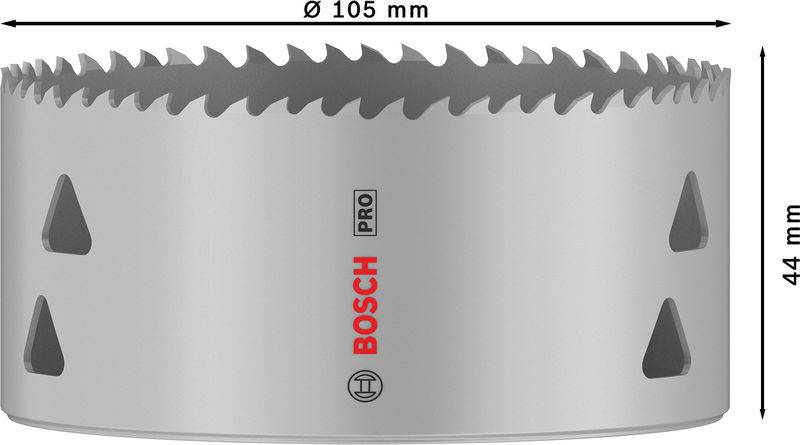 Bohrkrone von Bosch mit einem Durchmesser von 105 mm und einer Höhe von 44 mm, geeignet für Metall- und Holzanwendungen.