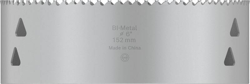 Metall-Lochsäge, Aufschrift: 'Bi-Metal, 6", 152 mm, Made in China'. Zacken am oberen Rand, Löcher zur Arretierung vorhanden.