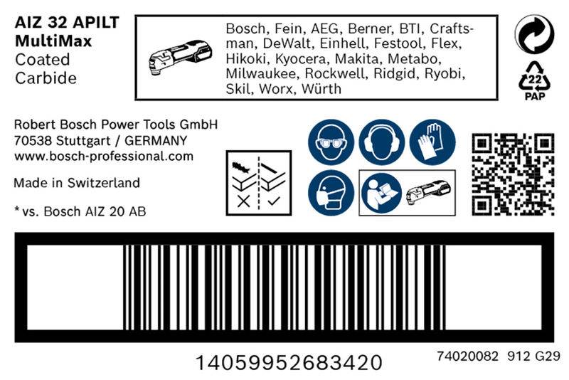 Etikett für Bosch AIZ 32 APIL MultiMax. Enthält Strichcode, Firmenname, Adresse und Liste kompatibler Marken. Made in Switzerland.