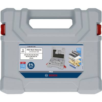 Werkzeugkoffer von Bosch mit Universalset für mehrere Materialien; enthält diverse Sägeblätter. Etikett zeigt '15 pcs PRO Multi Material Universal Set'.