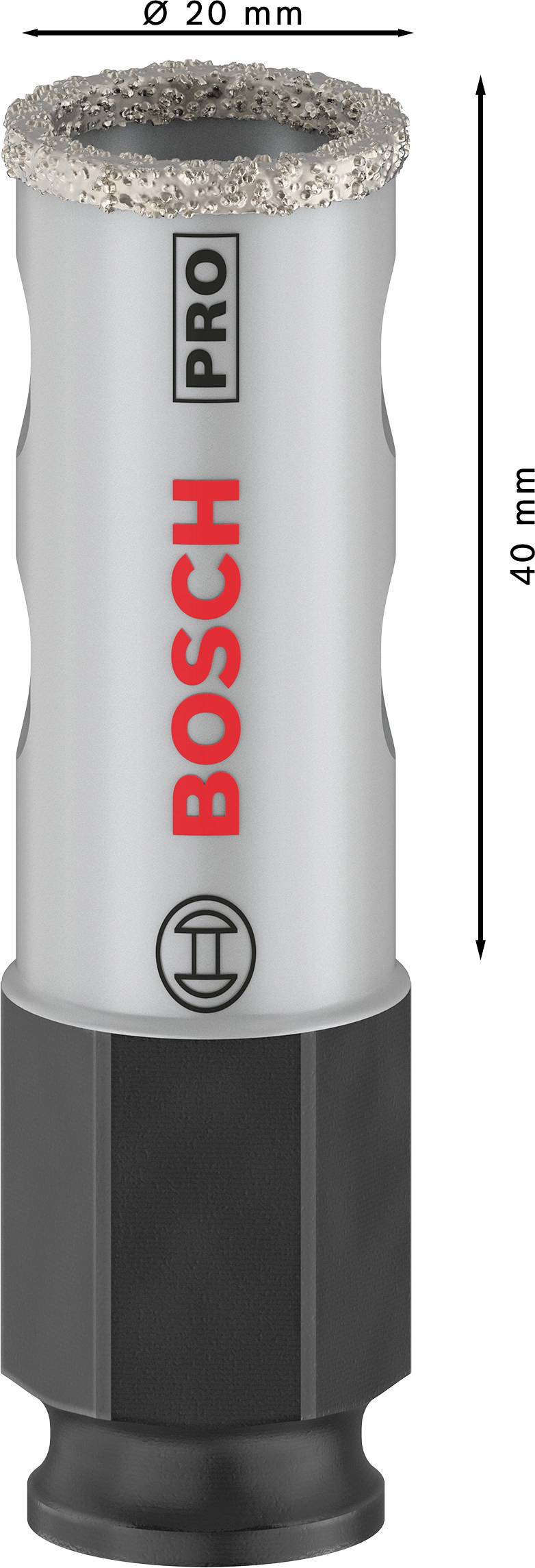 'Diamantbohrkrone BOSCH PRO, 20 mm Durchmesser, 40 mm Länge, geeignet für präzises Bohren in harte Materialien.'
