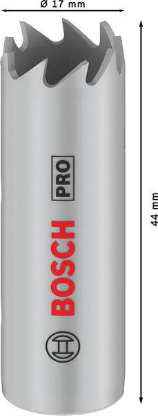 Abgebildet ist ein Bosch Lochsägeaufsatz, 44 mm lang mit 17 mm Durchmesser, graue Farbe und beschriftet mit 'BOSCH PRO'.