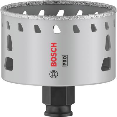 Eine silberne Lochsäge mit Bosch-Logo und diamantbeschichtetem Rand, geeignet für professionellen Einsatz in der Materialbearbeitung.