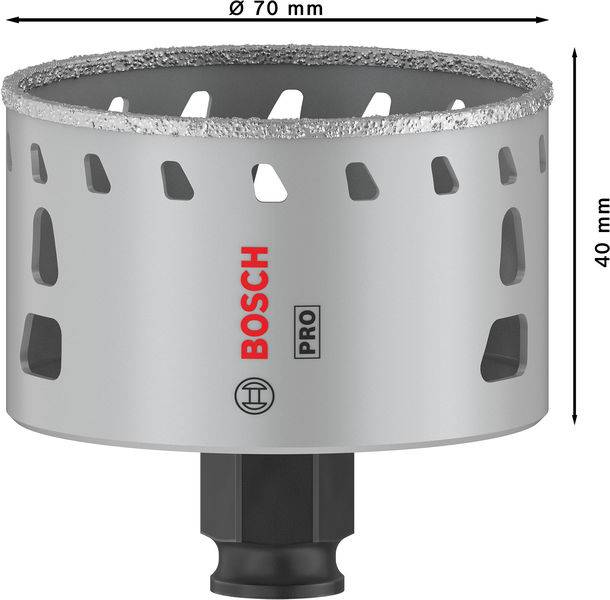 'Diamantbohrkrone von Bosch, Ø 70 mm, Höhe 40 mm, geeignet für präzise Bohrungen in harten Materialien.'