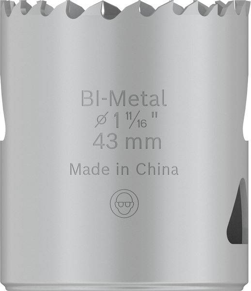 Bohrkrone aus Bi-Metall mit einem Durchmesser von 43 mm. Aufdruck zeigt 'Made in China' und ein Symbol.
