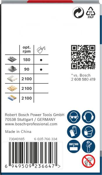 Rückseite einer Bosch-Verpackung mit Drehzahlangaben für verschiedene Werkzeuge, QR-Code, Herstellungsdetails in Stuttgart, Symbole für Sicherheitshinweise.