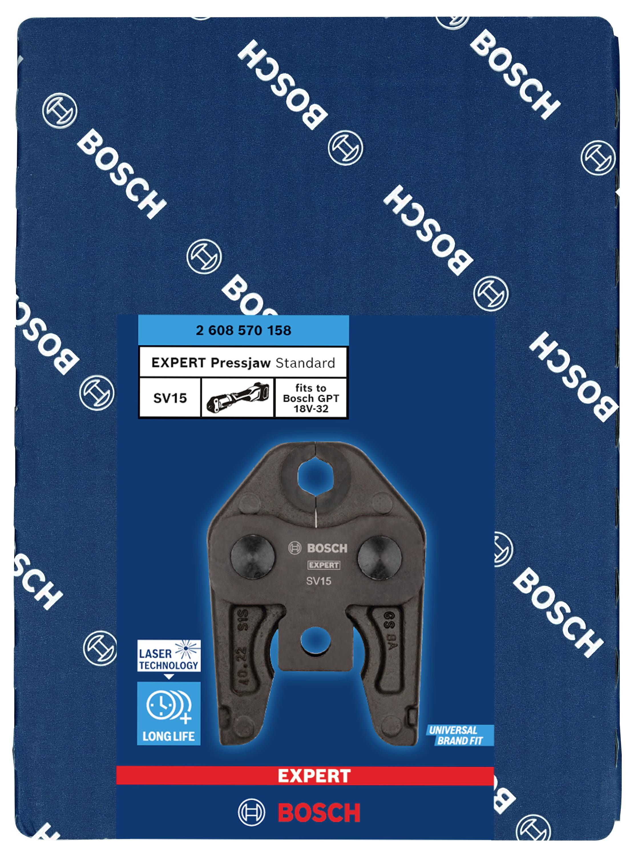 Abbildung einer Bosch-Presszange, Modell SV15, auf blauem Hintergrund mit Logos und Textdetails zur Lasertechnologie und Langlebigkeit.