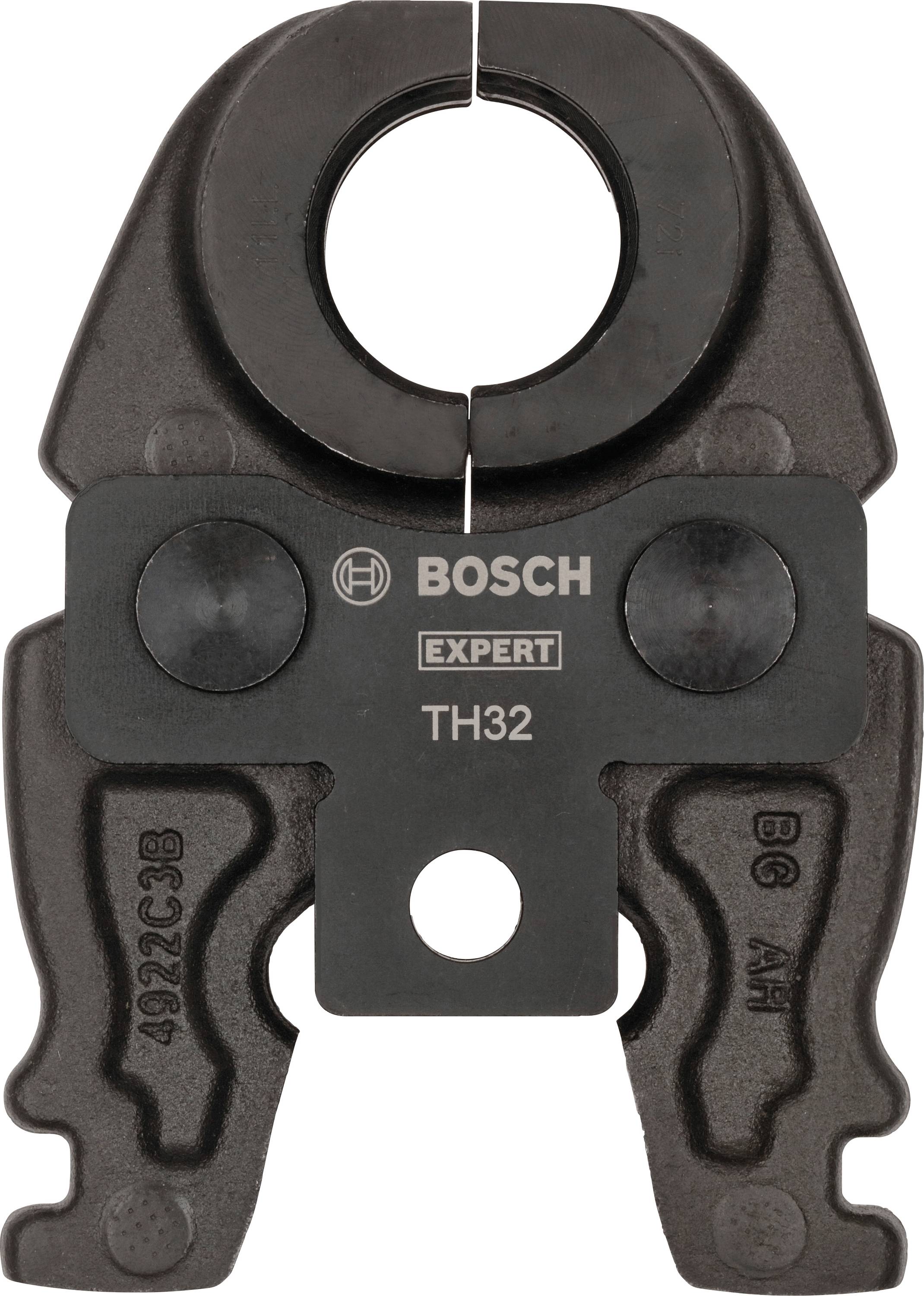 Bosch Presszange TH32, schwarz, für Rohrinstallation, zwei runde Metallflächen mit Logos.