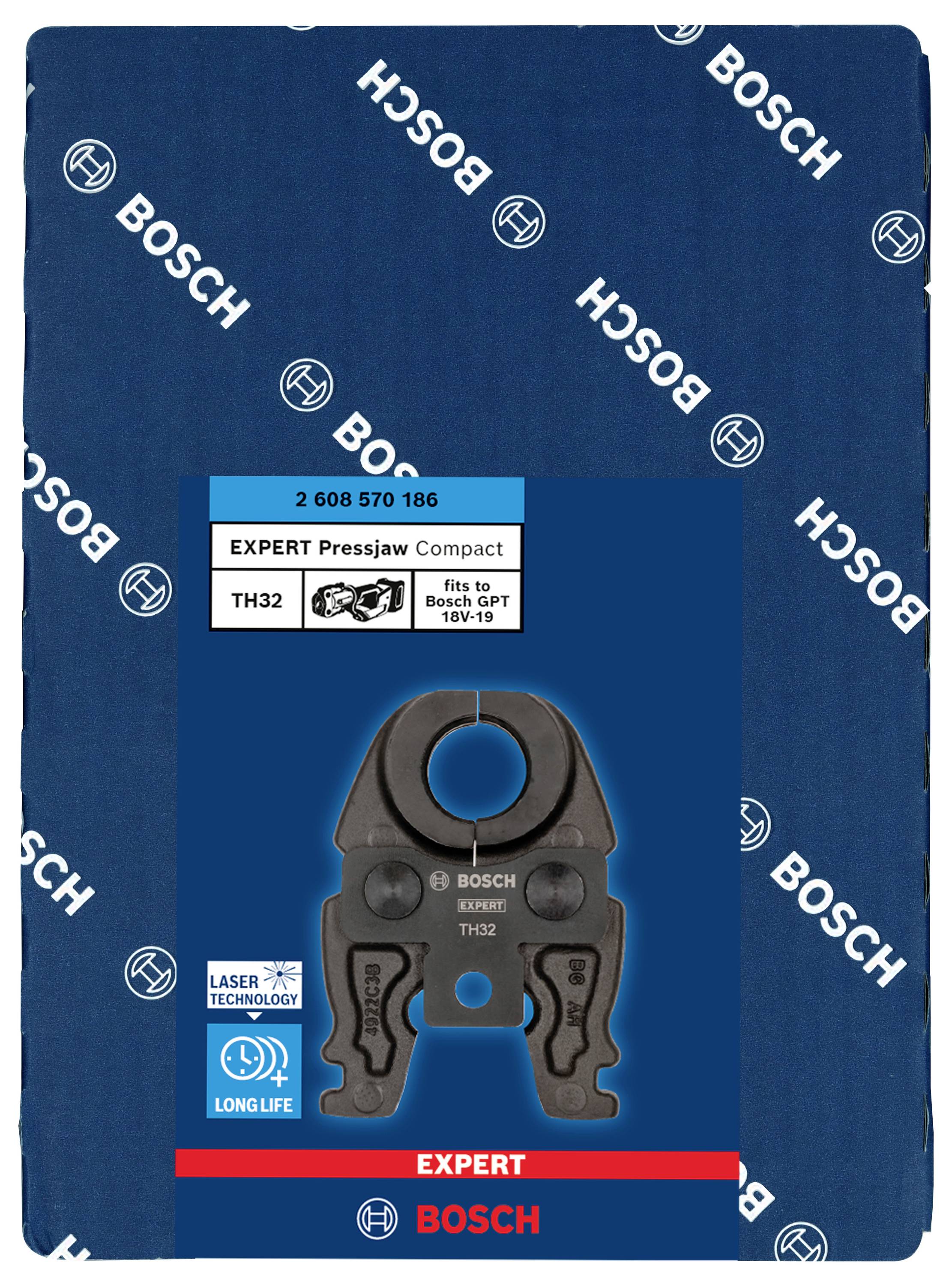 'Bosch Presswerkzeug TH32, kompakt, für 16 bis 18 V, Laser-Technologie, lange Lebensdauer, in blauem Karton mit Bosch-Logos.'