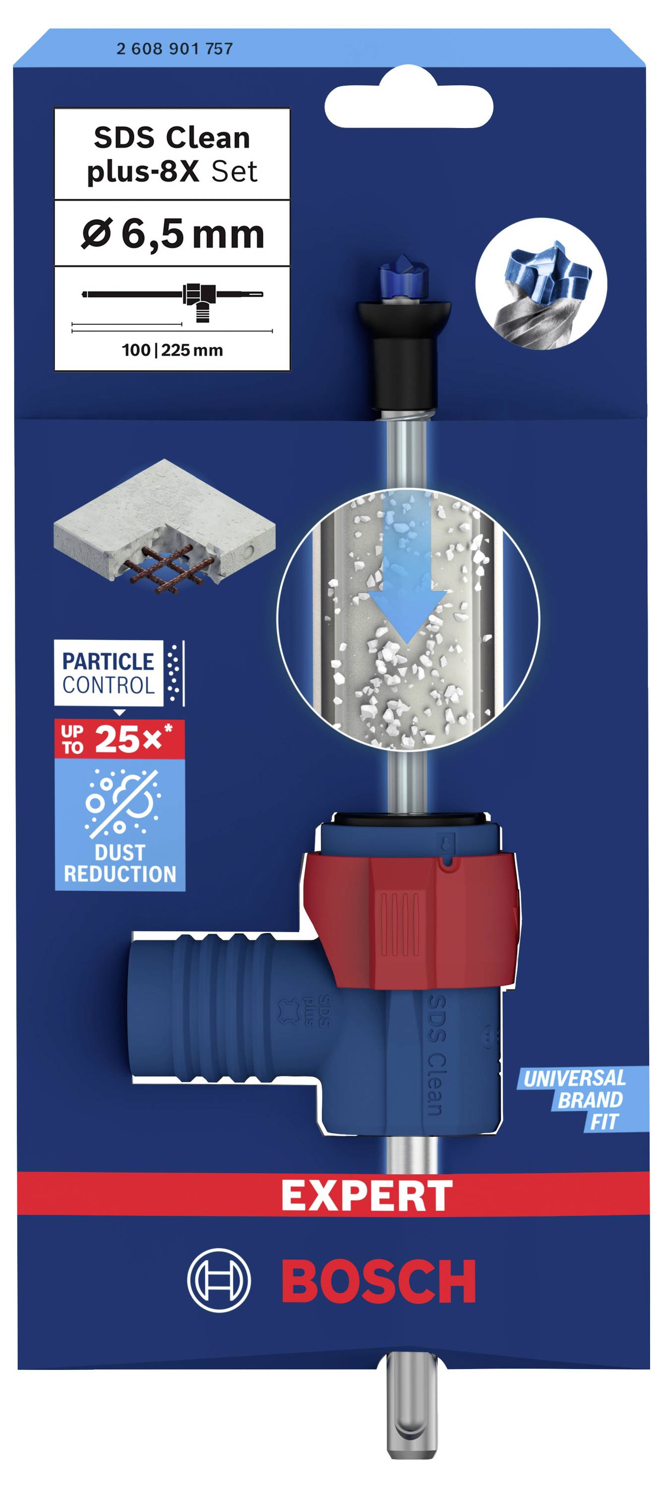 'Bosch SDS Clean plus-8X Set' Bohrer-Verpackung, zeigt einen Bohrer mit Staubreduzierung um bis zu 25%. Bild von Bohrvorgang.