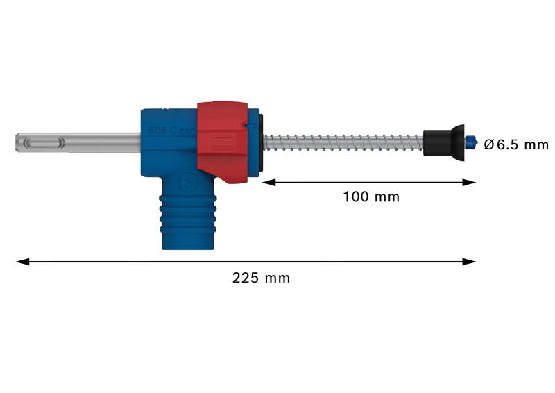 'Ein Bohrsystem mit einer Gesamtlänge von 225 mm. Der Bohrer hat einen Durchmesser von 6,5 mm und einen blauen Haltegriff.'