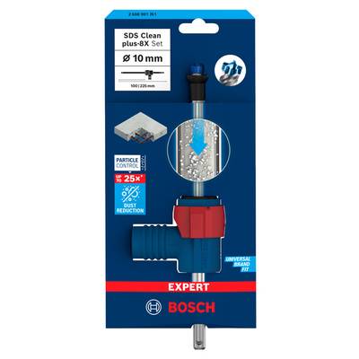 Bohrerset 'SDS Clean plus-8X Set' für 10 mm Löcher, zeigt Staubkontrolle und bis zu 25 % Staubreduzierung. Marke: Bosch.