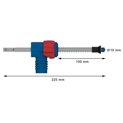 Abbildung zeigt eine Spritze mit Maßen: Gesamtlänge 225 mm, Schaftlänge 100 mm, Durchmesser 10 mm. Hauptfarben sind Blau und Rot.