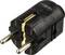 Ein schwarzer, zweipoliger Steckeradapter mit goldenen Kontakten.