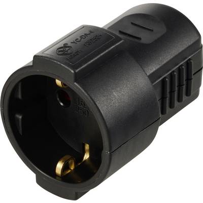 Abgebildet ist ein schwarzer Adapterstecker von Schuko auf Eurostecker, der zur Verbindung verschiedener Steckertypen verwendet wird.