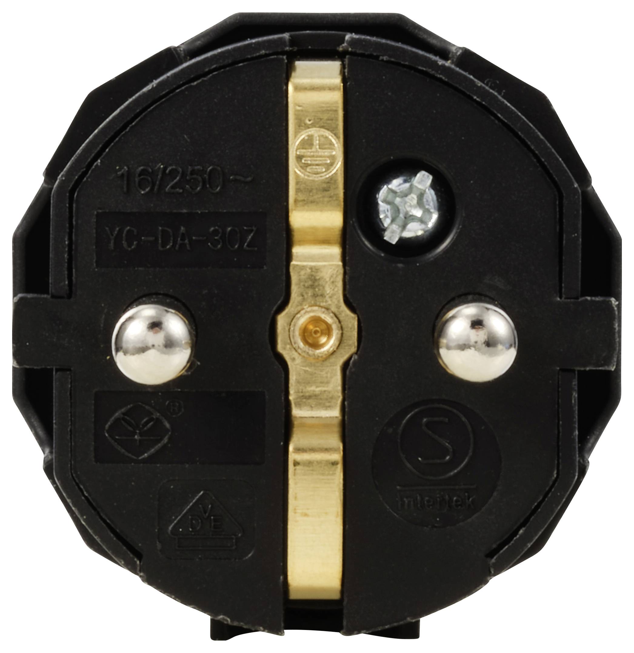 Schwarze und goldene Steckerverbindung von vorne, zeigt zwei silberne Schraubbolzen und einen goldenen Kontaktstreifen in der Mitte.