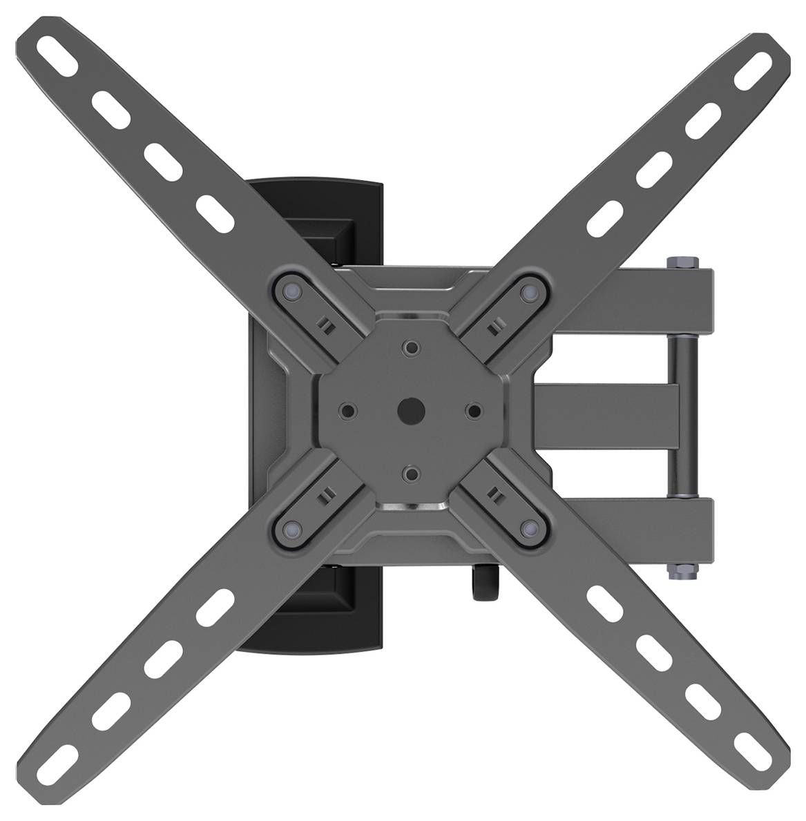Schwarze, halterbare TV-Wandhalterung mit drehbaren Armen, geeignet für Flachbildfernseher zur flexiblen Positionierung an der Wand.