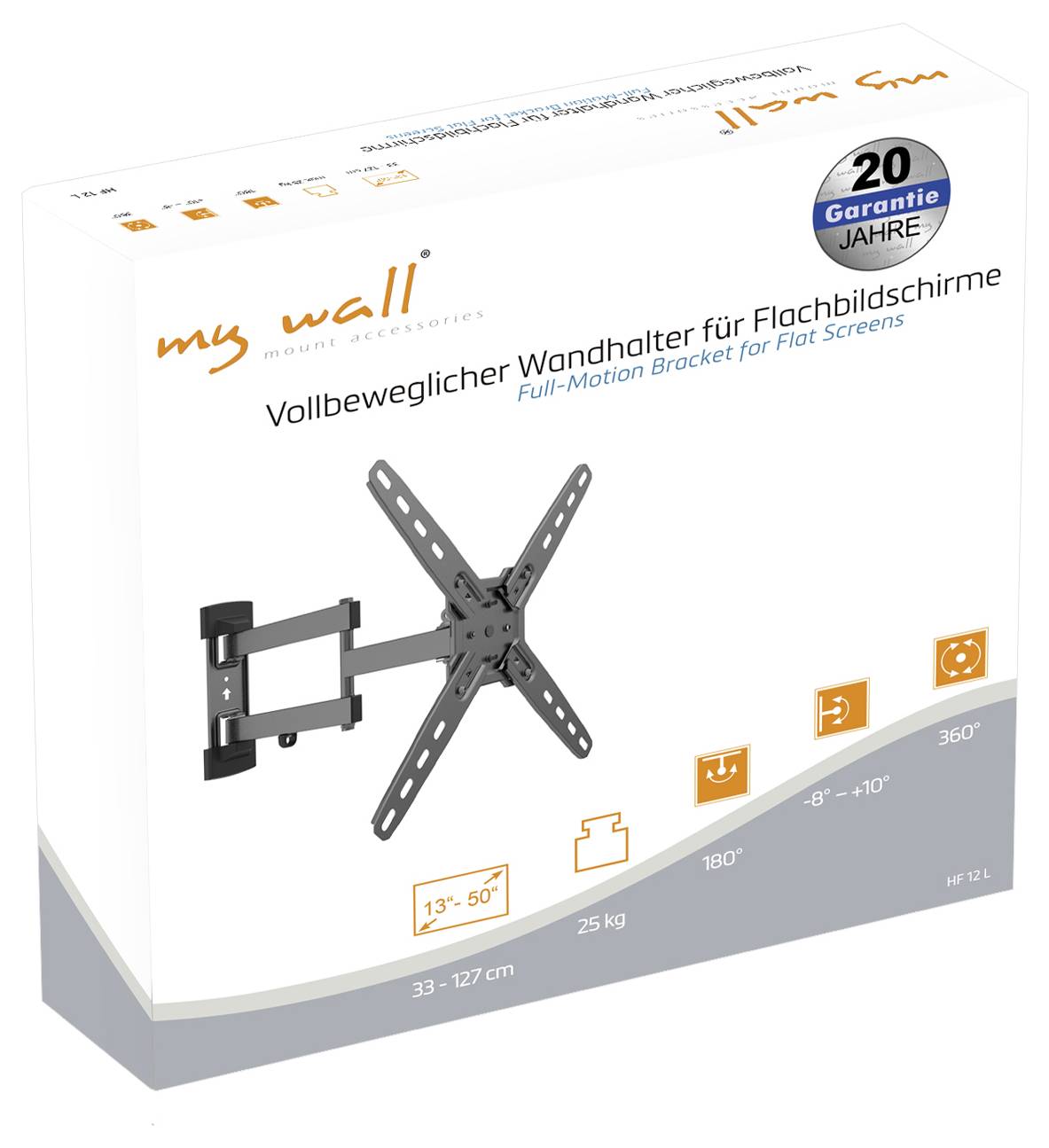 'Vollbeweglicher Wandhalter für Flachbildschirme, passend für 13-50 Zoll. Belastbar bis 25 kg, 20 Jahre Garantie, 180° schwenkbar.'