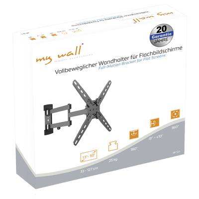 'Vollbeweglicher Wandhalter für Flachbildschirme, passend für 13-50 Zoll. Belastbar bis 25 kg, 20 Jahre Garantie, 180° schwenkbar.'