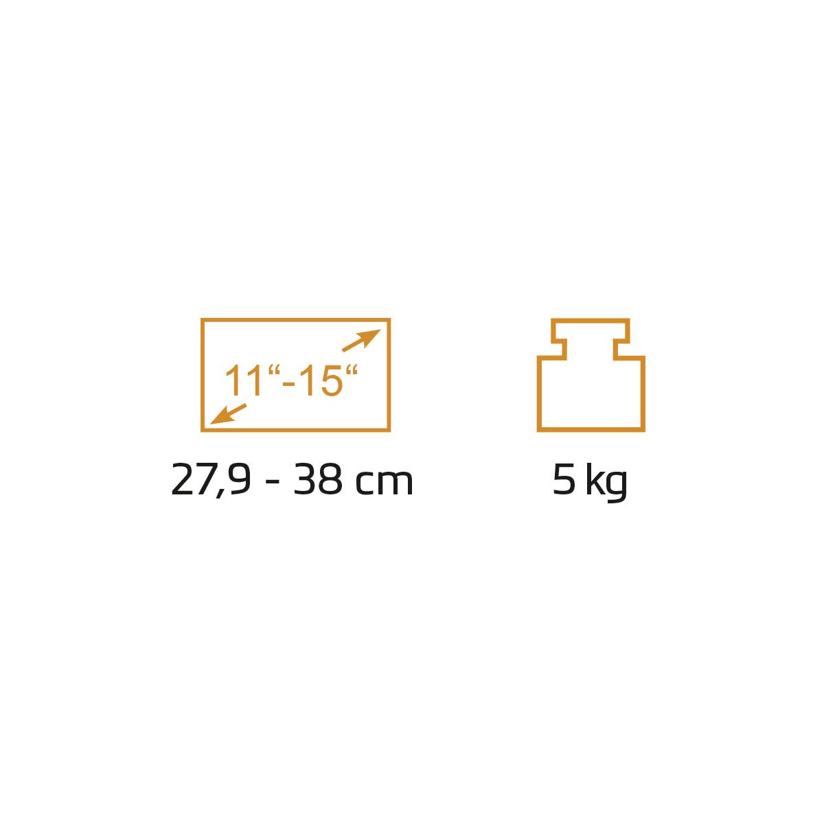 Abbildung zeigt eine Maßeinheit für ein Objekt: Breite 27,9 - 38 cm (11"-15"), Gewicht 5 kg.