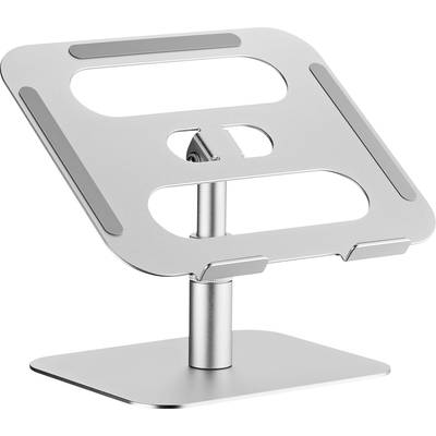 Ein silberner Laptop-Ständer mit höhenverstellbarer Halterung und rutschfesten Gummistreifen, geeignet für ergonomische Arbeitspositionen.