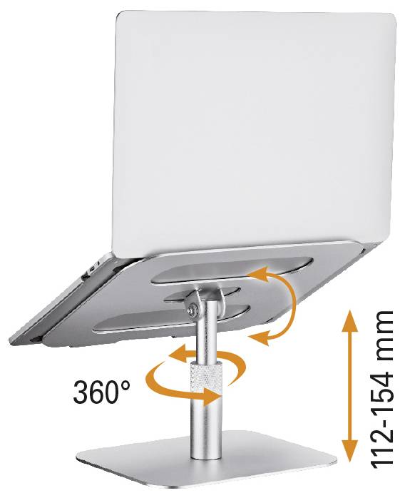 Laptop-Ständer mit höhenverstellbarer Halterung (112-154 mm) und 360-Grad-Drehung. Geeignet für ergonomisches Arbeiten.