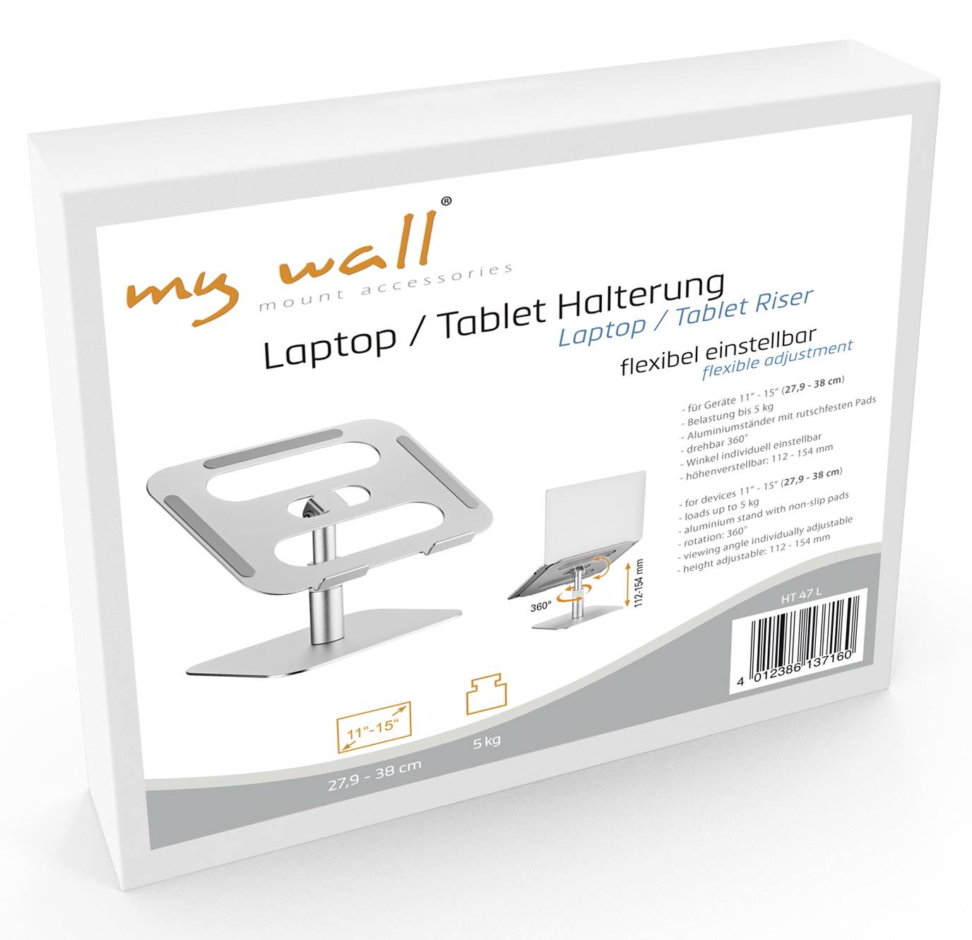 Verpackung eines Laptop- oder Tablet-Ständers der Marke 'my wall', mit flexiblem Design für Geräte von 11"-15", belastbar bis 5 kg.