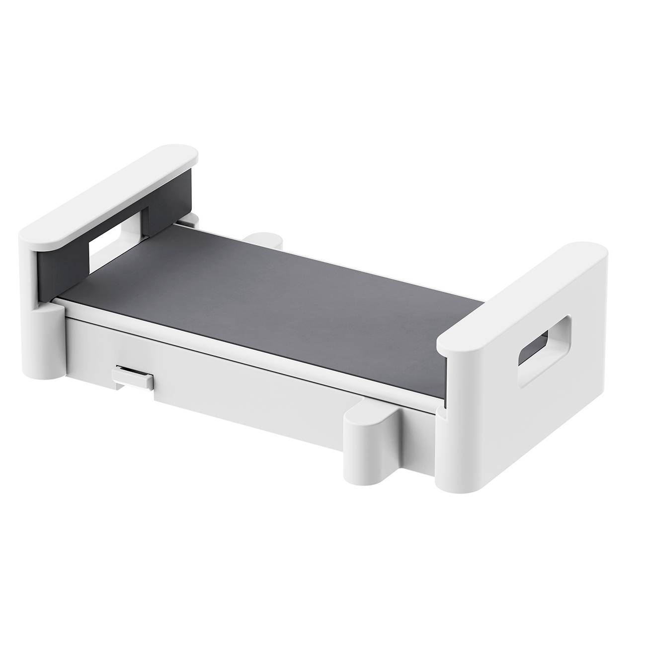 Kleines Laufband mit weißen Seitenstreben und grauer Lauffläche. Geeignet für den Schreibtisch oder kleine Räume.