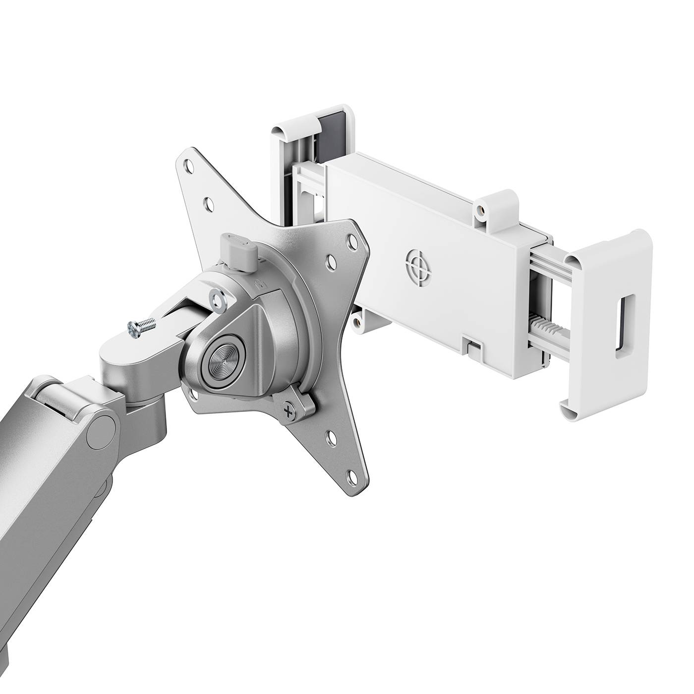 Metallische Monitorhalterung in Silber, mit verstellbarem Arm und VESA-Halterung, ideal für flexible Bildschirmpositionierung.